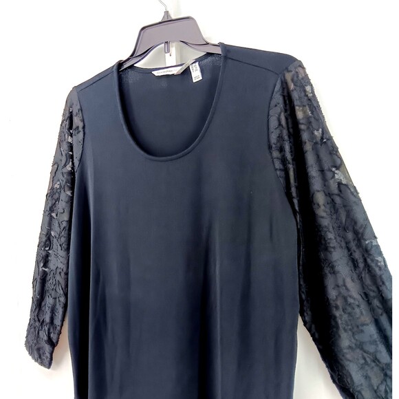 Isaac Mizrahi Blouse Women Size 1X Black Scoop Neck Sheer Floral Long Sleeve Top - Picture 2 of 6